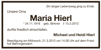 Traueranzeige von Maria Hierl von Pegnitz-Zeitung
